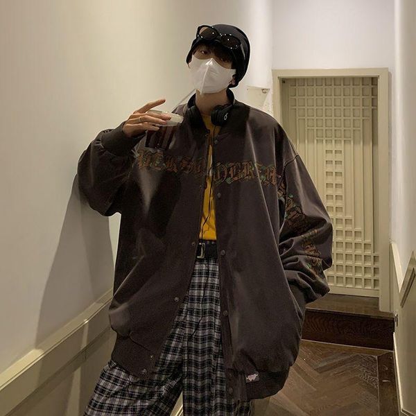 

men's jackets vintage men hong-kong style trendy o-neck printed jacket male streetwear outerwear loose casual baseball uniform tangada, Black;brown