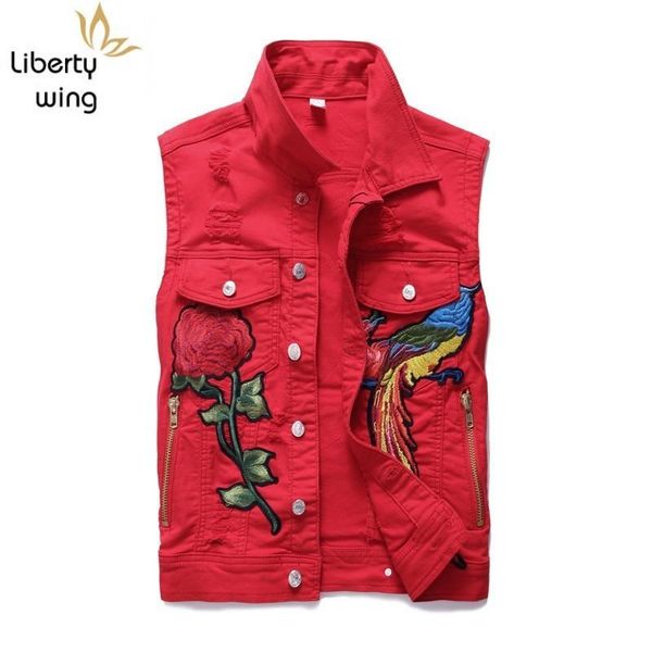 

men's vests mens 2021 summer korean fashion slim fit sleeveless male waistcoats embroidery floral turn-down collar cowboy red vest man, Black;white
