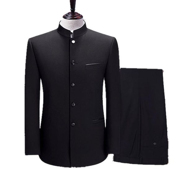 

men's suits & blazers (jacket + pants) chinese style stand collar slim fit two piece suit set male blazer jacket coat pants trousers 2, White;black