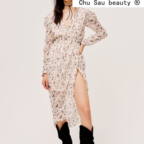 

fashion spring women party style floral print dress ladies deep v-neck long sleeve split dresses female vestidos 210508, Black;gray