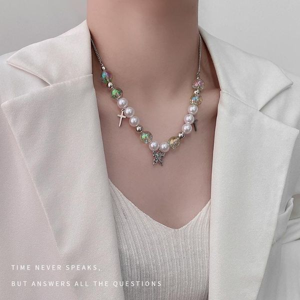 

pendant necklaces cross necklace women ankh pearls pearl choker, Silver