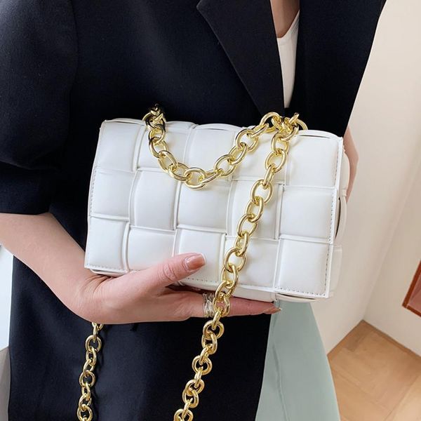 

evening bags metal chain crossbody for women 2021 luxury designer handbag white braided flap tote bag weave leather female shoulder