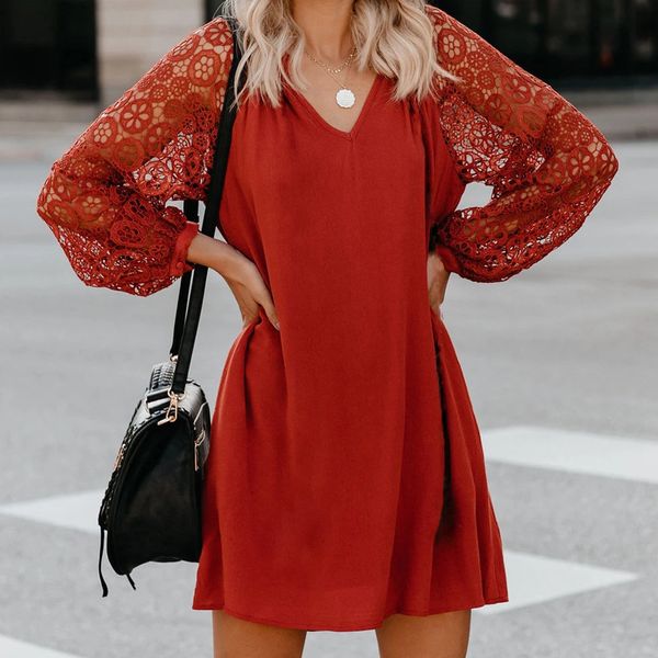 

boho women black red lace dress elegant long sleeve v neck ladies summer es casual loose mini vestidos 210428, Black;gray