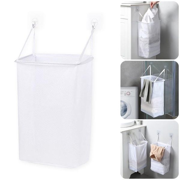 

storage baskets wall mounted laundry hamper collapsible punch mesh cloth portable basket for bathroom room with hook