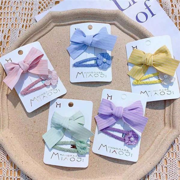 

korea fashion sweet girl princess beautiful flower bb clip children's simple stripe fabric bow hairpin kids hair accessories, Slivery;white