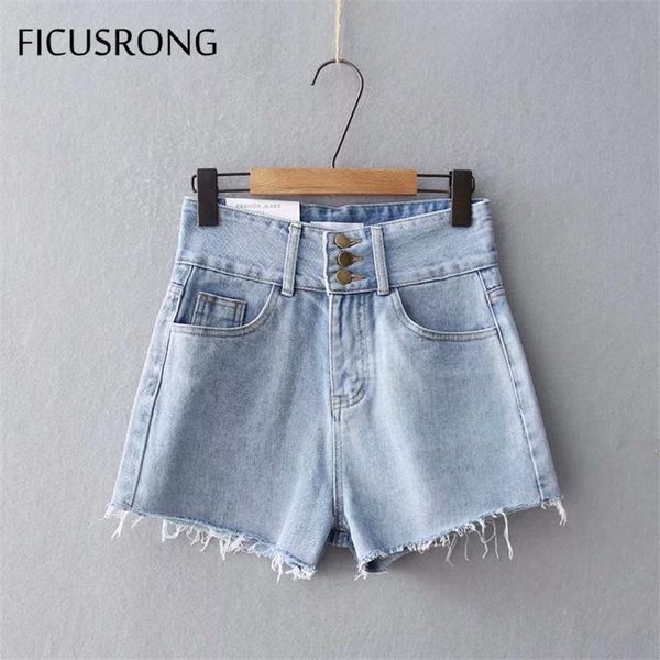 

straight women three buttons denim short pants high-waist skinny streetwear zipper coated cotton jeans shorts 2021 women's, Blue