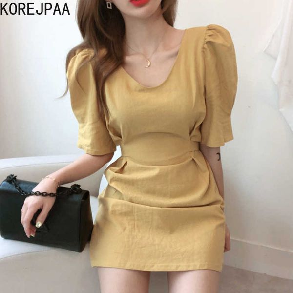 

korejpaa women dress summer korean chic female elegant temperament v-neck lace-up bow-knot waistted puff sleeve vestidos 210526, Black;gray