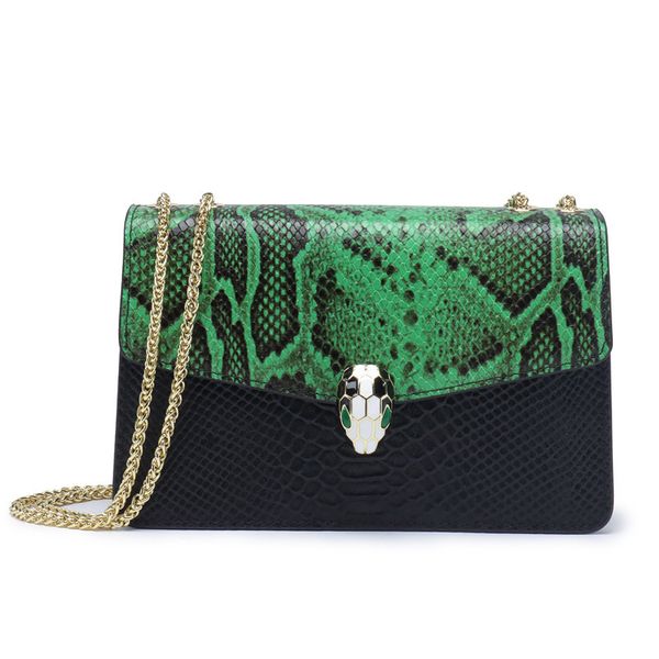 

new trendy women s diagonal bag leather single shoulder chain snakehead buckle contrast color portable leather square bag
