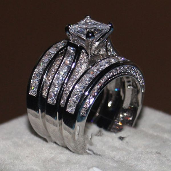 

fine jewelry princess cut 20ct cz diamond engagement wedding band ring set for women 14kt white gold filled finger ring, Slivery;golden