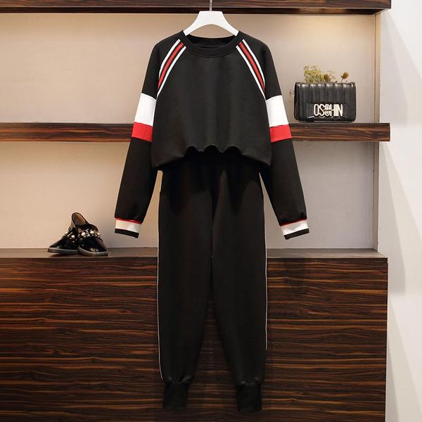 

plus size tracksuits women spring pullover o collar + long pants sports suit female sweatshirt sportswear tracksuit 2 piece set clothing big, Black
