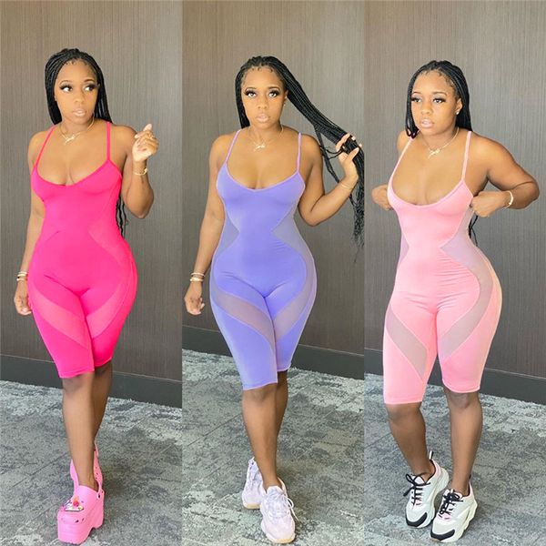 

mesh sheer patchwork see through jumpsuit playsuit 2021 women seeveless strap bodycon slim rompers summer shorts jumpsuiting, Black;white