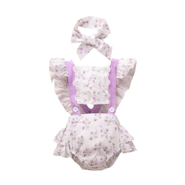 

born infant baby girls clothes flower printed bodysuit sleeveless lace backless romper+headbands sets ropa verano rompers, Blue
