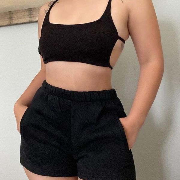 

women's tracksuits sports ribbed backless loungewear set two pieces tracksuit suits camis and shorts clothes fashion casual strap vendo, Gray