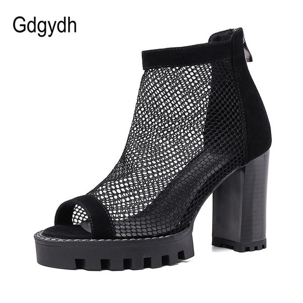 

boots gdgydh open toe mesh suede ankle for women comfortable shoe summer breathable block high heels party zipper, Black