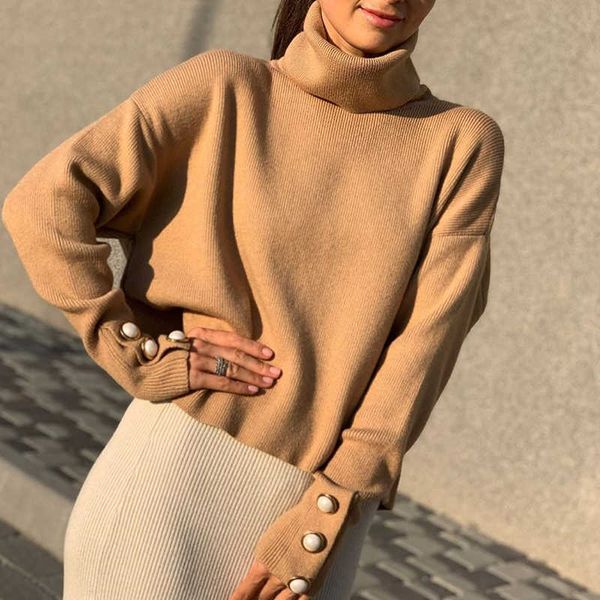 

women's sweaters women solid color turtleneck winter sweater long sleeve knitted button decor fashion pullovers female jumper tricot c, White;black