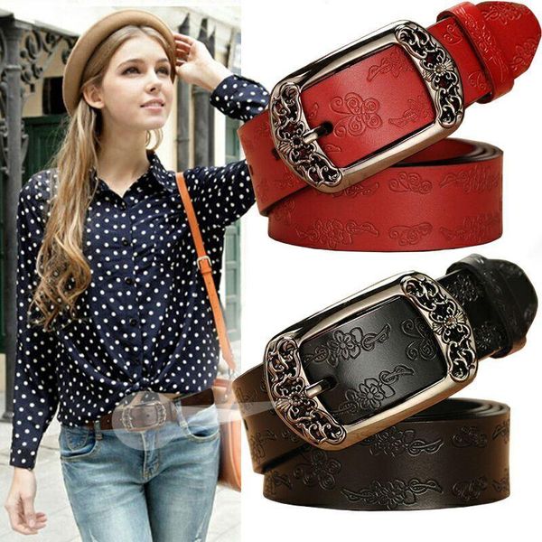 

belts 3.3cm width european retro ladies butterfly embossed genuine belt designer luxury metal pin buckle jeans vintage for women, Black;brown