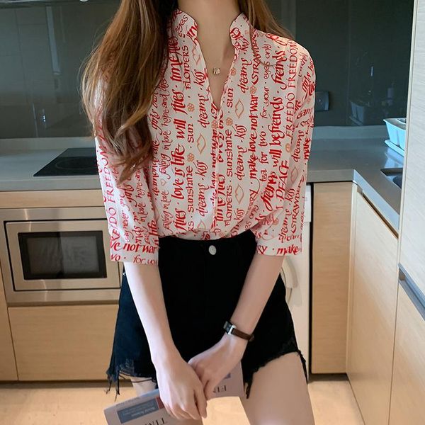 

women's blouses & shirts 2021 summer print letter oversize shirt women blusas mujer de moda boyfriend style black funny womens, White
