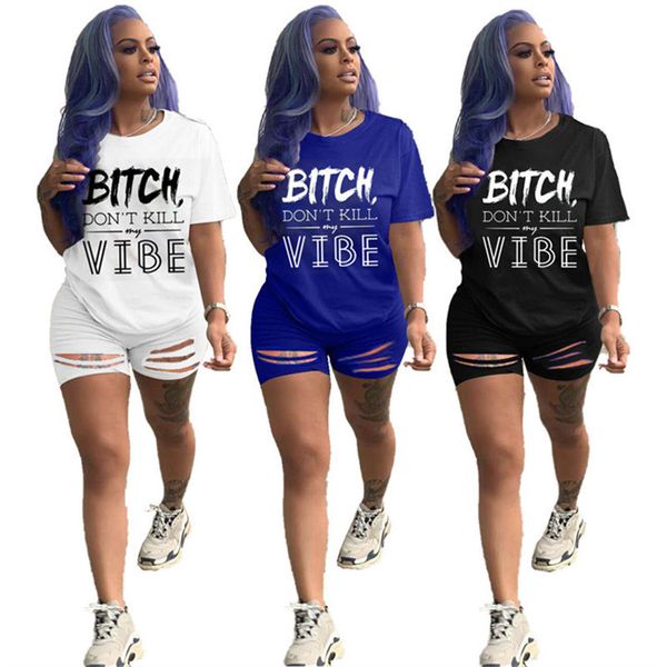 

women tracksuits summer shorts 2 piece set letter tracksuit short sleeve t-shirt t shirt + ripped hole shorts sportswear, Gray
