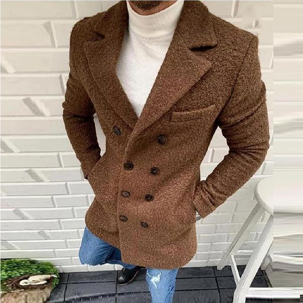 

men autumn casual solid turn-down collar coat fashion mens woolen long jackets winter warm double breasted long sleeve outerwear, Black