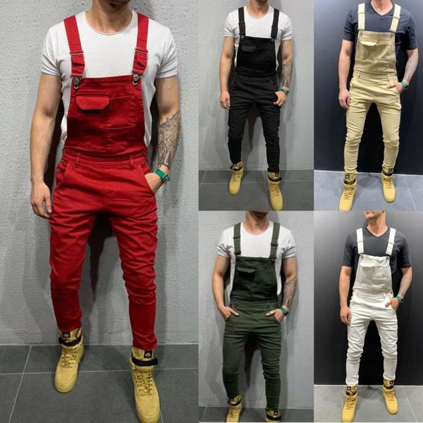 

men's jeans the denim strappy pants slimmed trousers europe and america solid color men casual overalls button, Blue