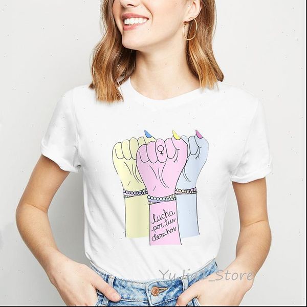 

watercolor womens t shirt hands print girl power women clothes vogue feminist funny shirts femme harajuku streetwear, White