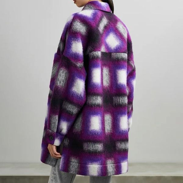 

women's wool & blends 2021 winter women woolen plaid long coat turn-down collar button pockets female jacket blue classic loose overcoa, Black