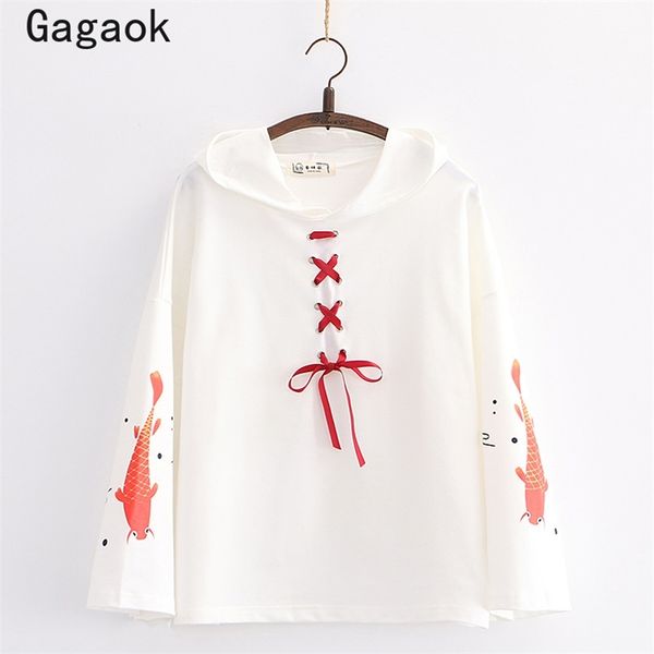 

women japan style hoodies spring autumn hooded cartoon print lace up loose casual wild retro fashion pullover 210531, Black