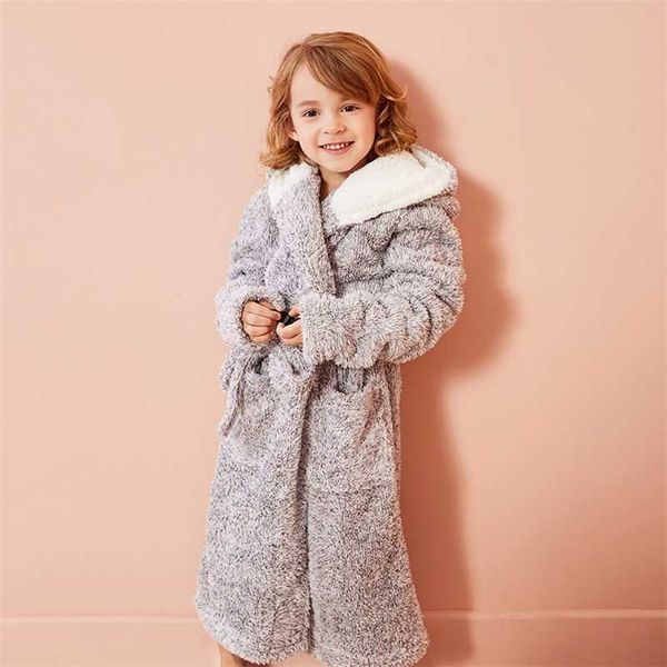 Miúdos Bathrobe Color Sólido Desenhos Animados Hoodies Meninas Sleepwear Toalhas de Banho Macio Pijama 4-13 Anos Vestuário infantil 211130