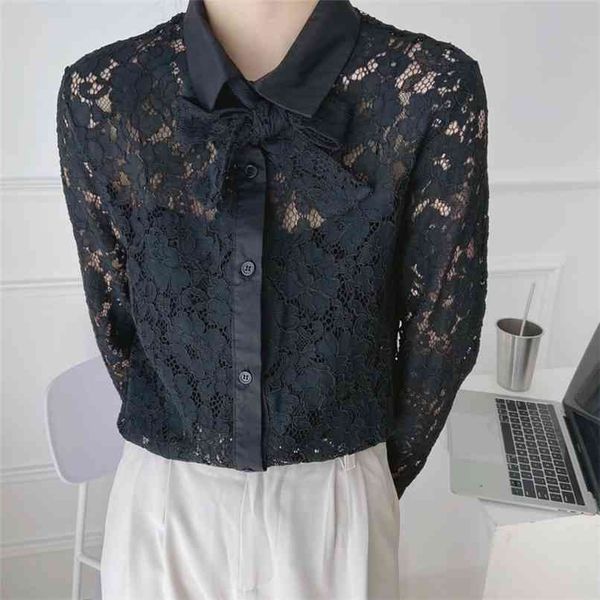 

spring and autumn women's casual solid color lapel long-sleeved bow decorated hollow shirt 210430, White