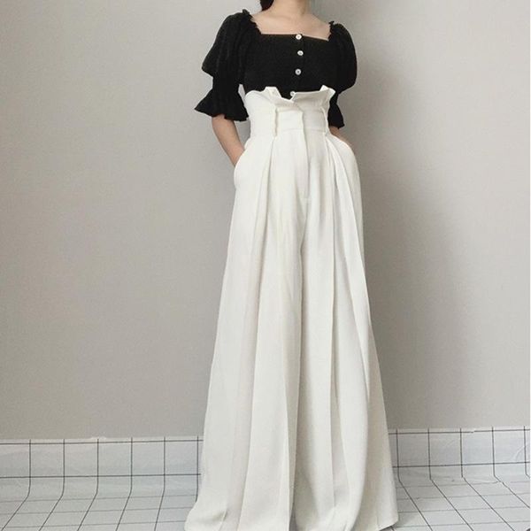 

women's pants & capris white full length trousers for women high waist loose plus size pleated ruffles wide leg female 2022 clothing mt, Black;white