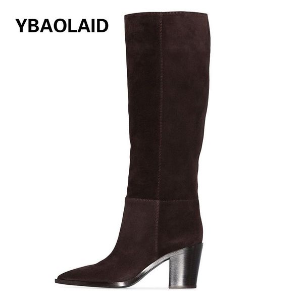 

boots vintage brown suede pointed toe thick heel long 2021 autumn and winter fashion simple high knee, Black