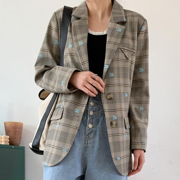 

women's suits & blazers [ewq] korea chic casual trend women lapel single breasted plaid stitching loose fashion long-sleeved blazer aut, White;black