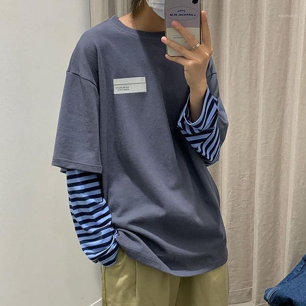 

men's t-shirts long-sleeved t-shirt 2021 autumn and winter loose stitching striped clothing young handsome fashion, White;black