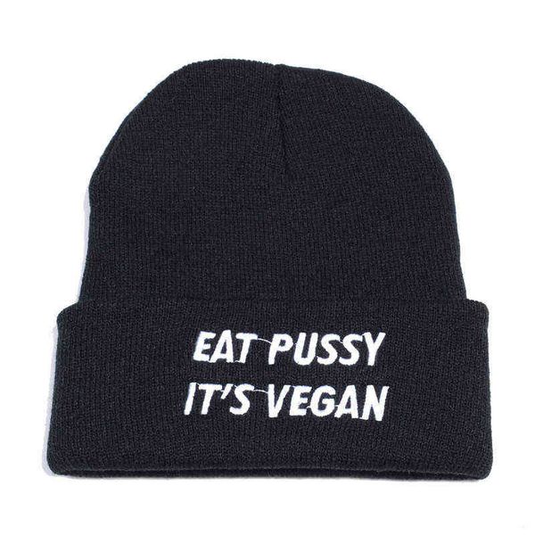 Coma buceta suas letras vegan bordado mulheres beanie casual algodão hipster engraçado inverno quente de malha chapéu unisex cartoon cap ski y21111