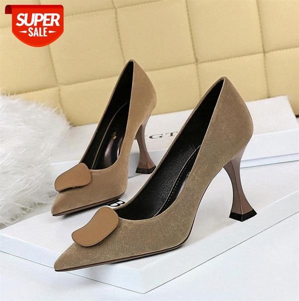 

282-1 korean fashion retro high-heeled cat with suede shallow mouth pointy thin solid color buckle decorative shoes #tw2f