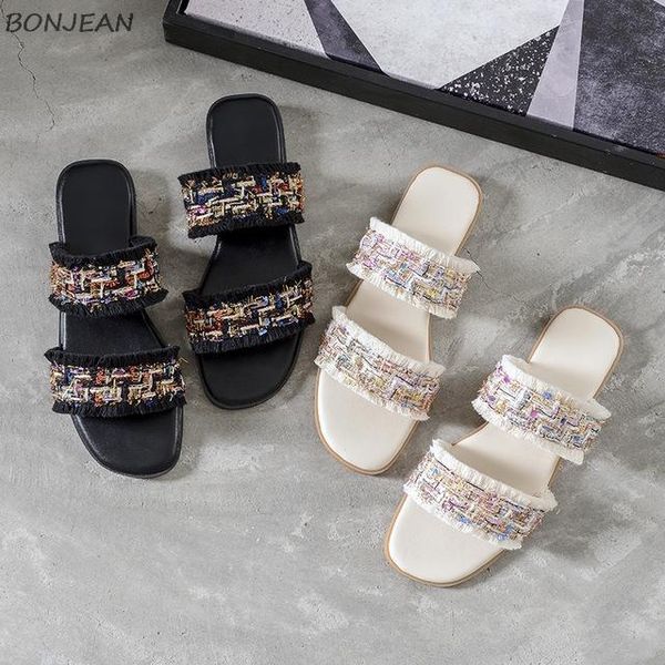 

fashion cloth fringe decoration square toe ladies shoes summer women's slippers outdoor pee flat beach, Black