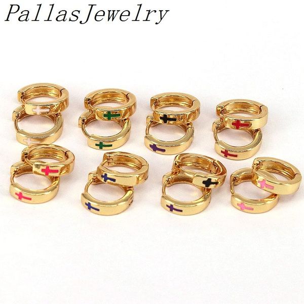 

hoop & huggie 10 pairs enamel cross round earrings, gold plated delicate , everyday earring accessories, christian earrings, Golden;silver