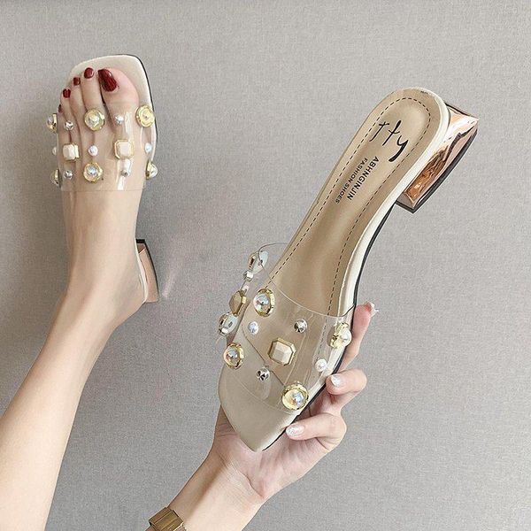

slippers clear transparent ladies metal rivet pearl summer slipper women shoes woman slides open toe plus size, Black