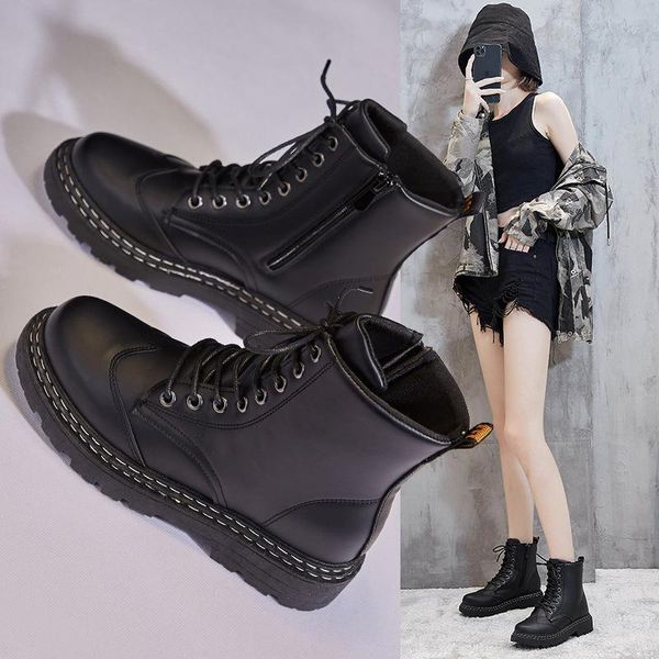 

boots thick soles versatile british for female students with and thin short girls in autumn, Black