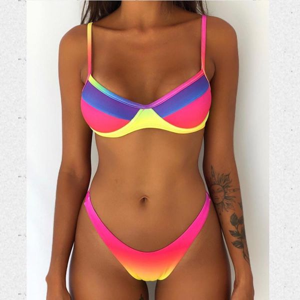 

women's swimwear push up padded underwire women bikini set rainbow floral leaf print swimsuit thong summer beachwear female biquini, White;black