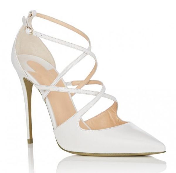 

black and white real leather pumps autumn pointed buckle cross straps fine high heels fashion party shoes female dress