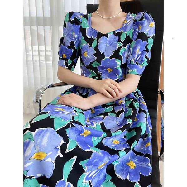 

casual dresses women flower print long puff short sleeve summer maxi boho high waist elegant s clothes vestidos mpzb, Black;gray