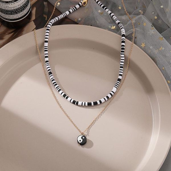

pendant necklaces unique black white clay beads necklace for women multilayer traditional round taichi bagua chain layered collars collier j, Silver