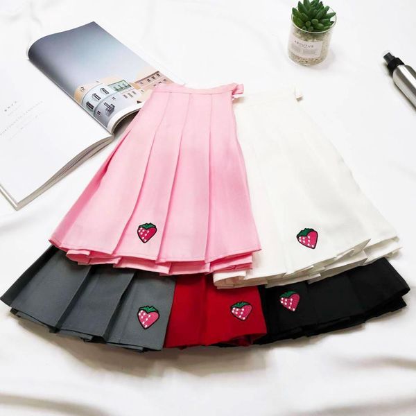 

xs  five colors women skirts summer a line high waist strawberry embroidery pleated safety pants mini, Black