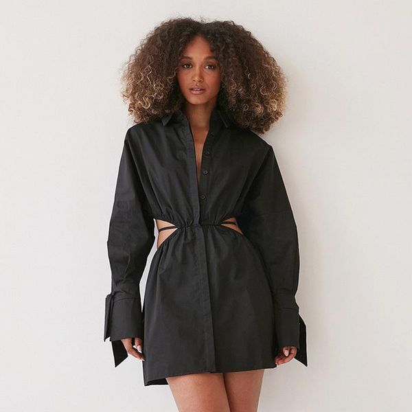 

casual dresses black white turndown collar shirt dress single-breasted long sleeve high waist hollow lace-up early autumn a-line, Black;gray