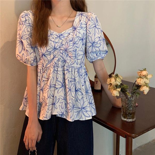 

women's blouses & shirts blouse french square collar short-sleeved floral shirt female design sense niche summer loose casual top, White