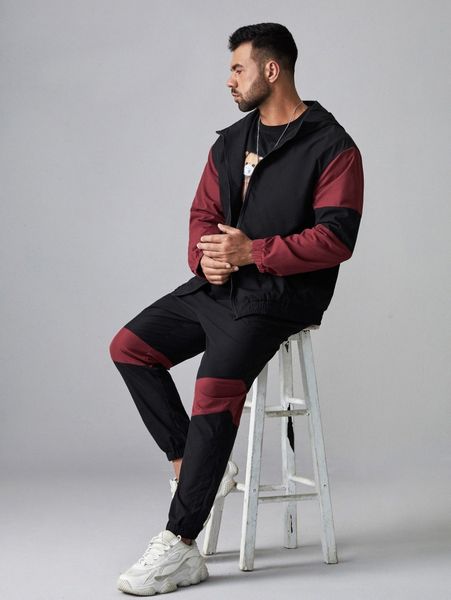 

extended sizes men colorblock zip up jacket & pants set t8pa#, Gray