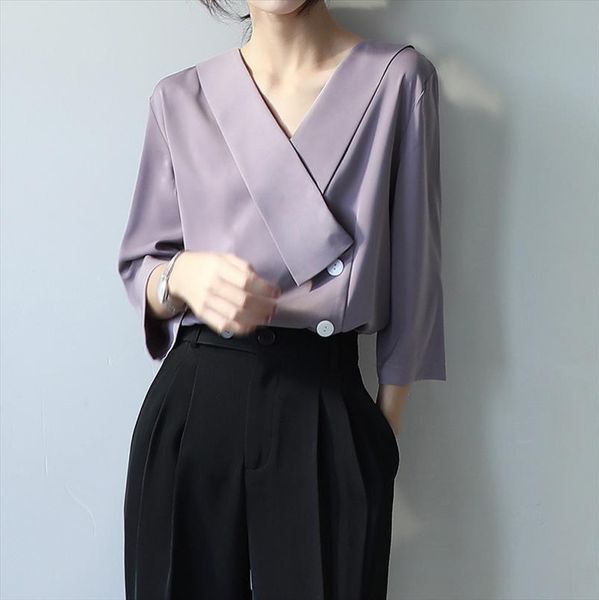 

purple chiffon summer korean womens blouses v neck seven sleeve chic loose female, White