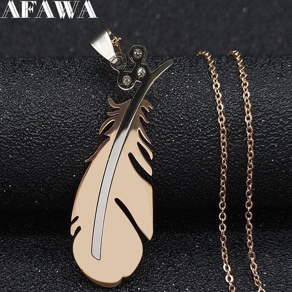 

fashion feather stainless steel necklaces for women jewelry rose gold color chain necklace colier homme n19003 pendant, Silver