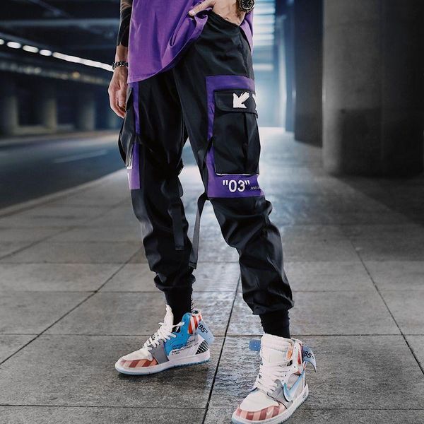 

men's pants man fashion streetwear stitching color joggers hip hop long men elastic waist cargo, Black